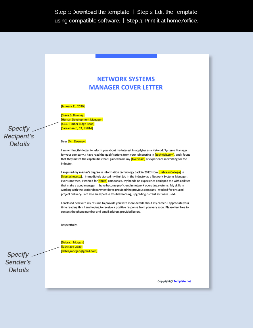 Network Systems Manager Cover Letter Template