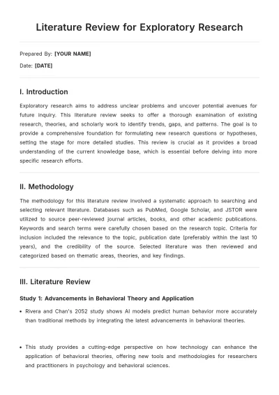 Free Literature Review for Exploratory Research Template to Edit Online