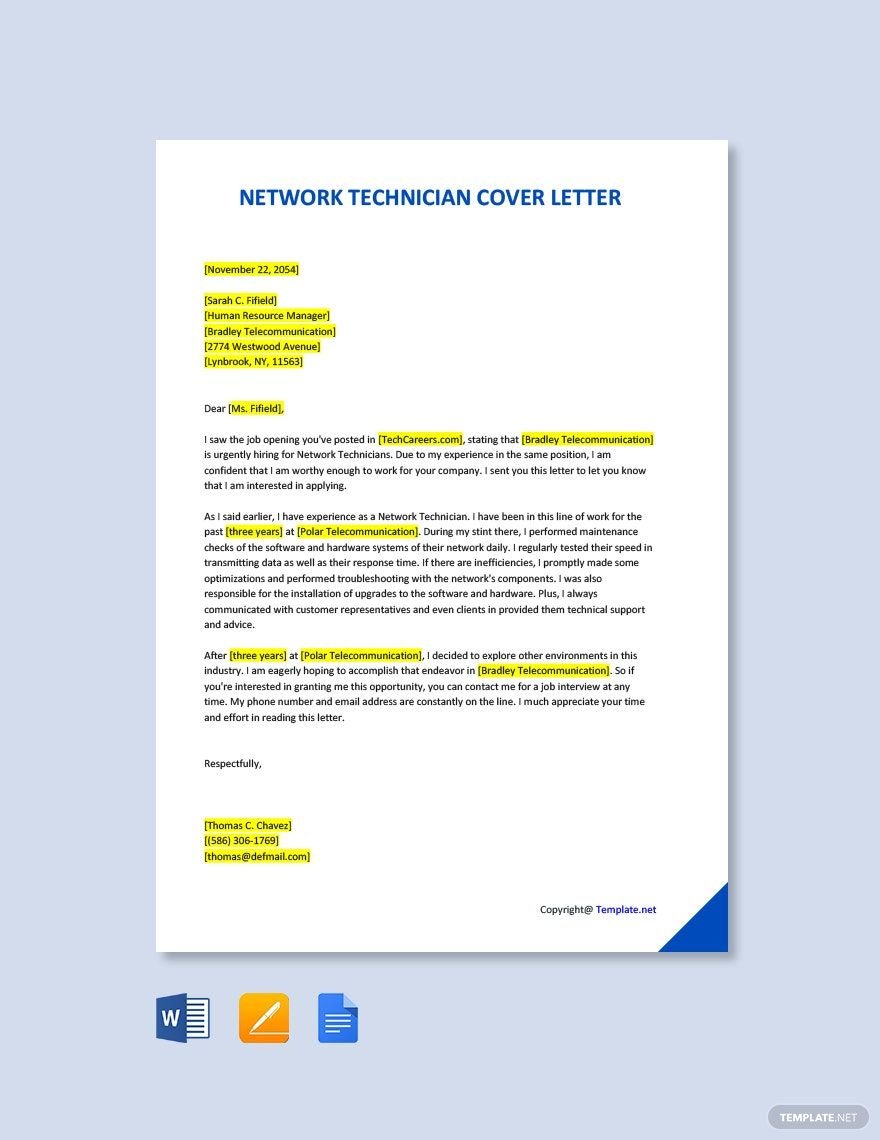 Free Network Technician Cover Letter