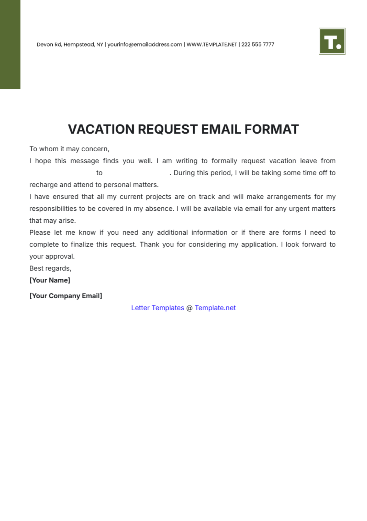 Vacation Request Email Format Template