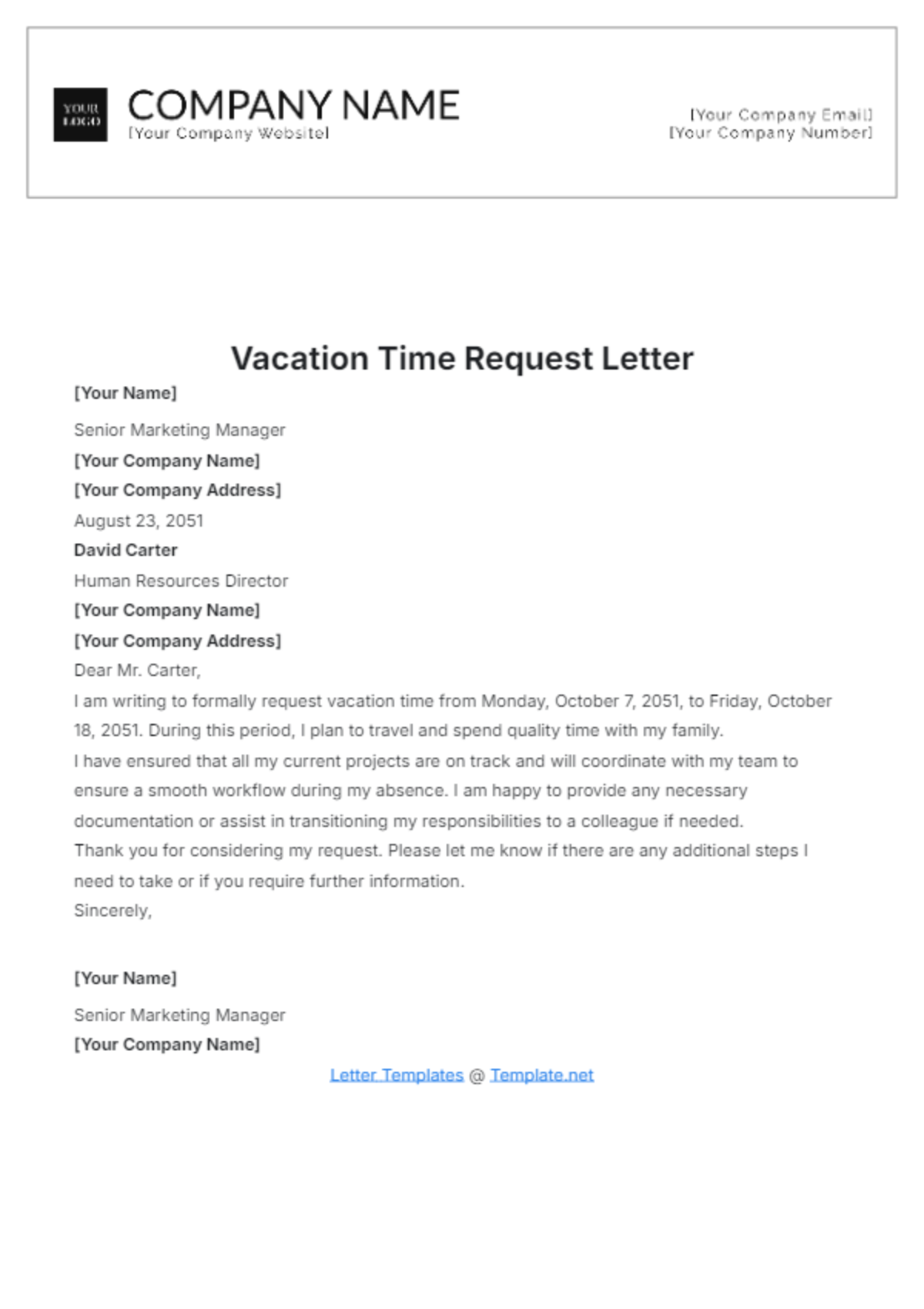 Vacation Time Request Letter Template