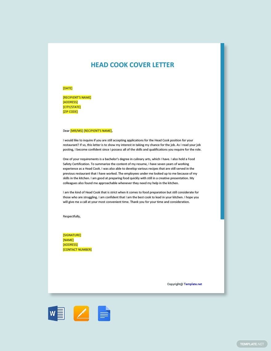 Head Cook Cover Letter