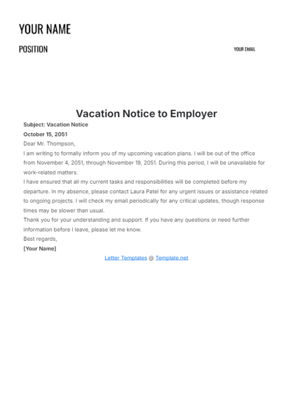 Vacation Notice to Employer Template