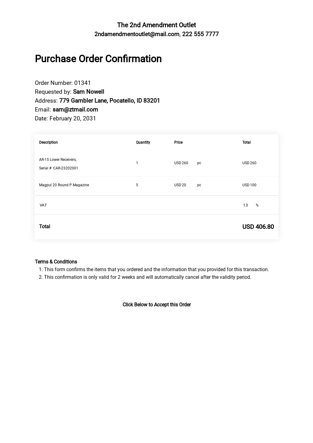 Simple Purchase Order Confirmation Template Free Pdf