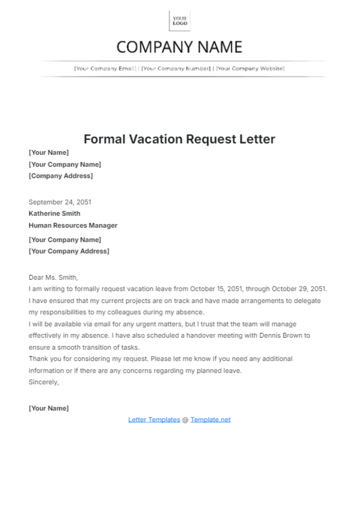 Formal Vacation Request Letter Template