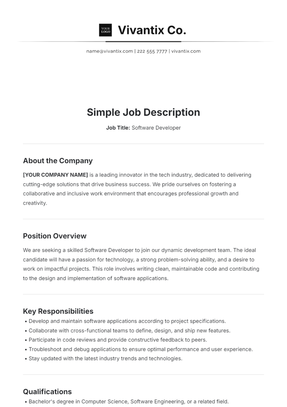 Simple Job Description Template - Edit Online & Download