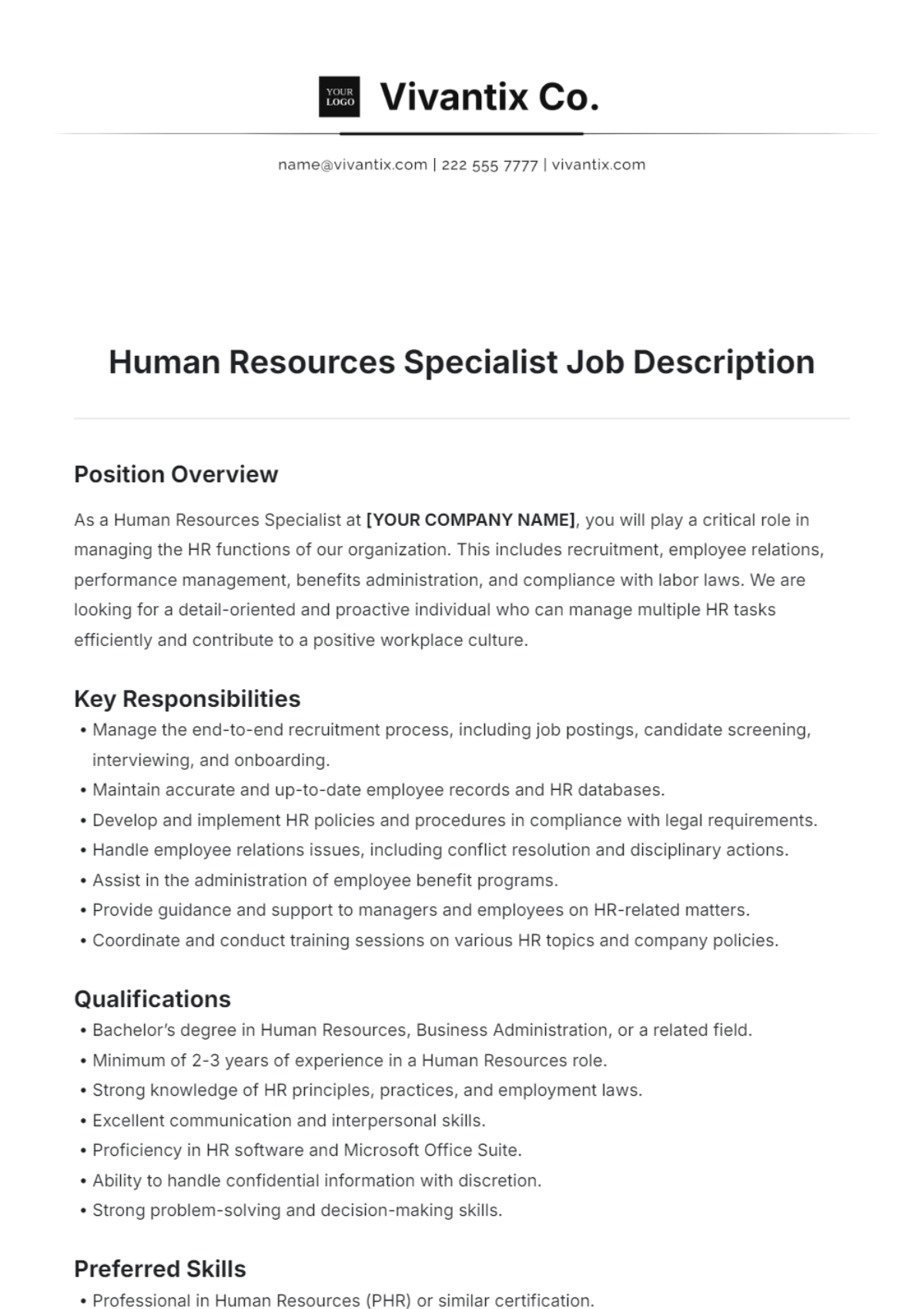 Human Resources Specialist Job Description Template - Edit Online & Download