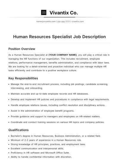Free Human Resources Specialist Job Description Template to Edit Online