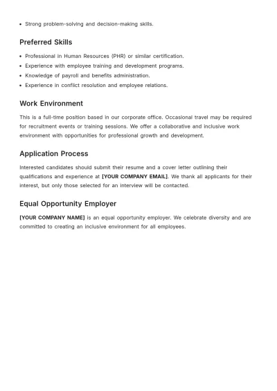 Free Human Resources Specialist Job Description Template to Edit Online