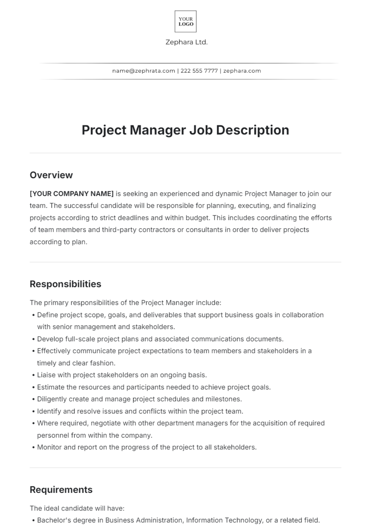 Free Project Manager Job Description Template