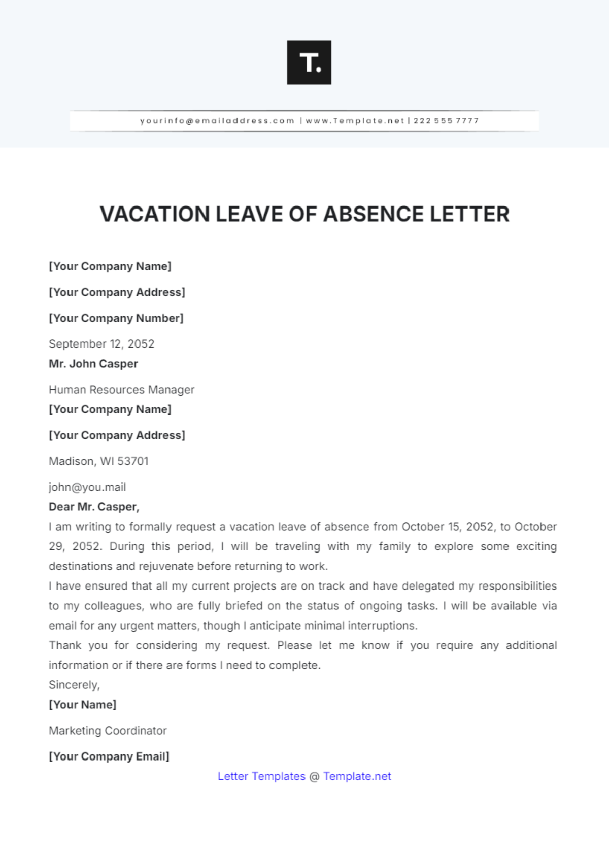 Vacation Leave of Absence Letter Template