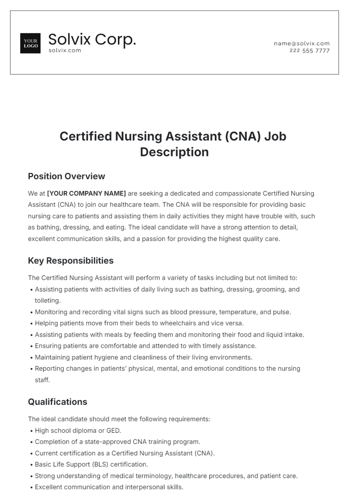 Free Certified Nursing Assistant CNA Job Description Template to Edit ...