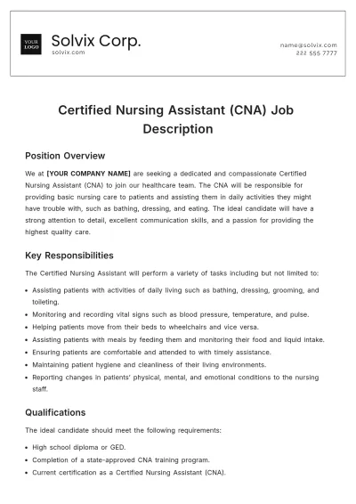 Free Certified Nursing Assistant CNA Job Description Template to Edit Online