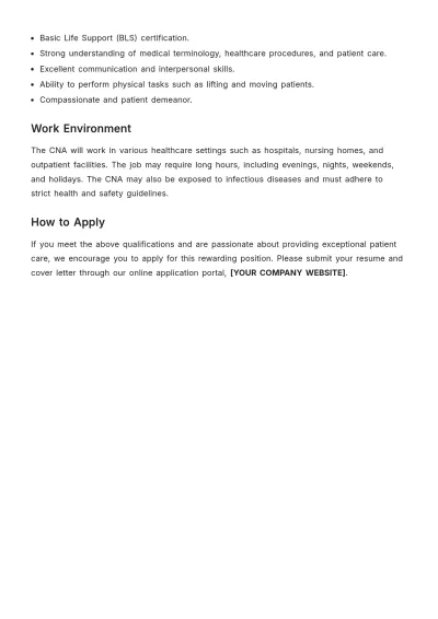 Free Certified Nursing Assistant CNA Job Description Template to Edit Online