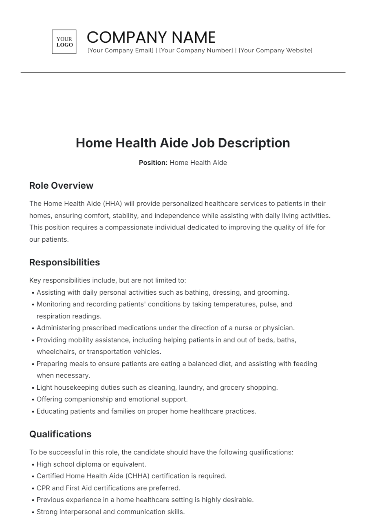 Home Health Aide Job Description Template - Edit Online & Download