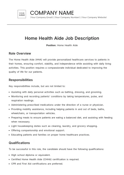 Free Home Health Aide Job Description Template to Edit Online