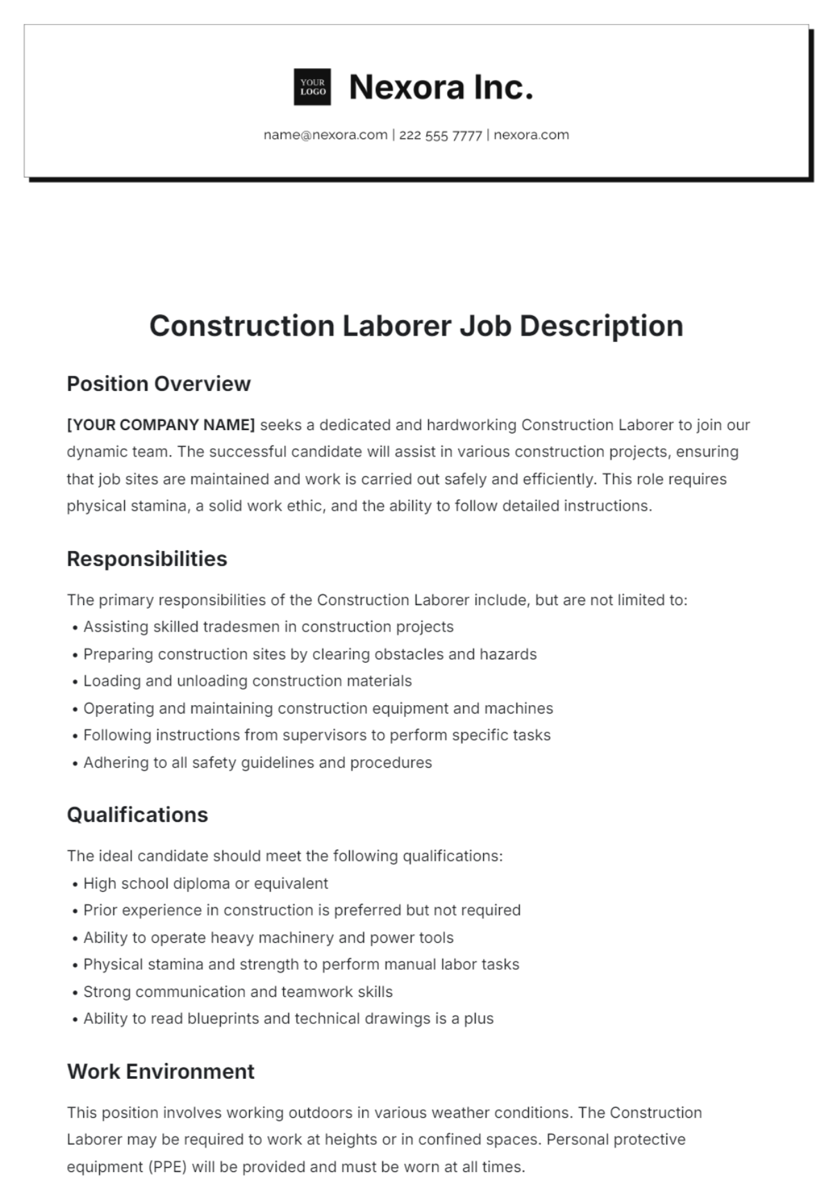 Construction Laborer Job Description Template - Edit Online & Download