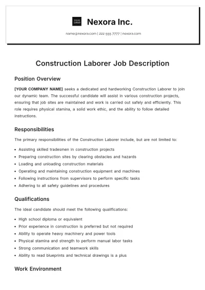 Free Construction Laborer Job Description Template to Edit Online