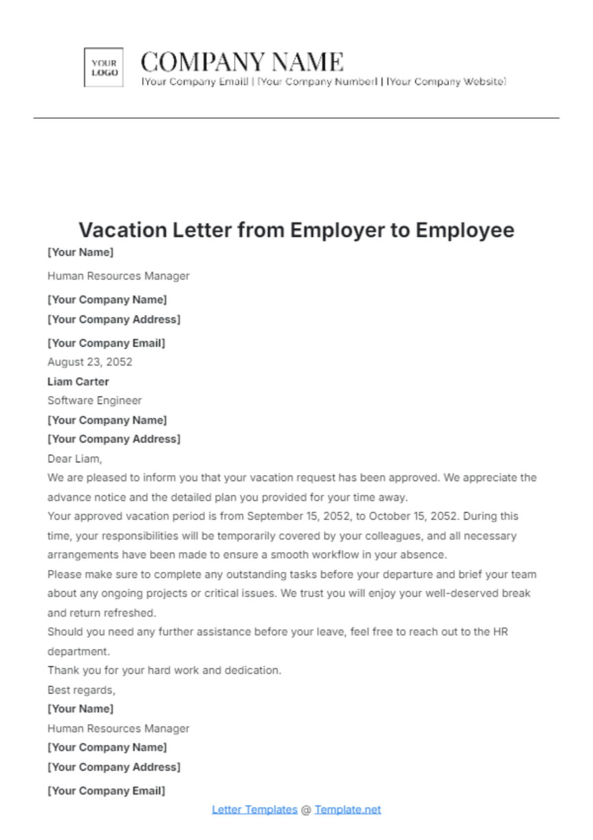 Vacation Letter from Employer to Employee Template