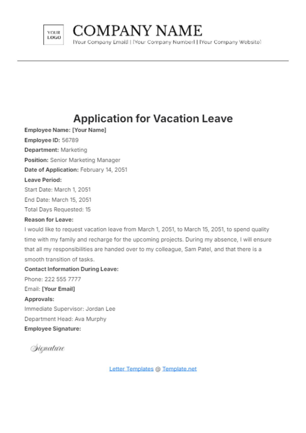 Application for Vacation Leave Template