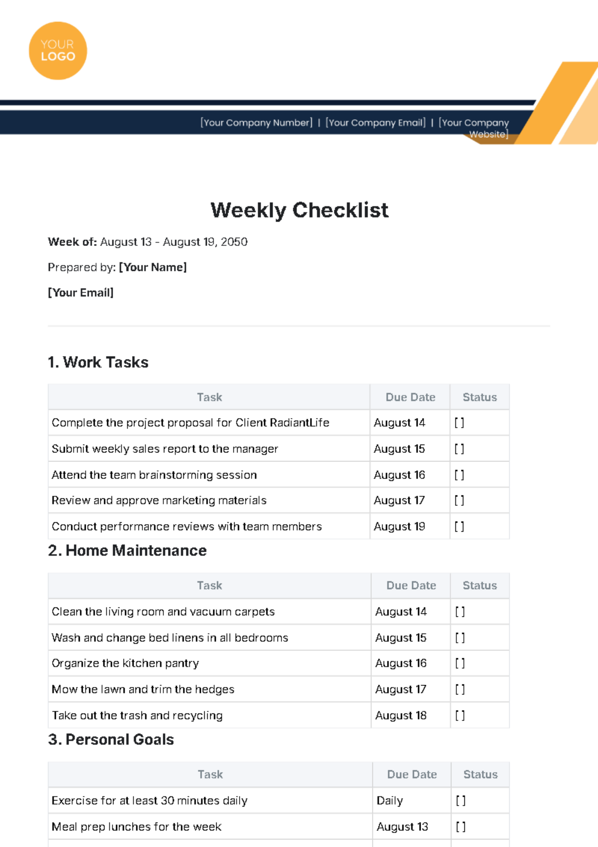 Weekly Checklist Template - Edit Online & Download