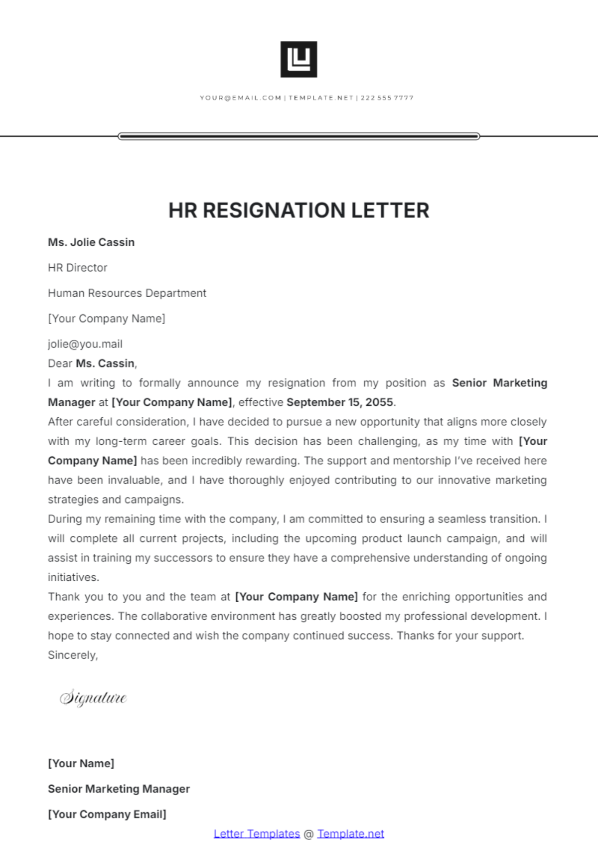 HR Resignation Letter Template - Edit Online & Download