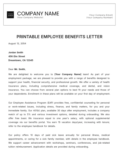 Free Printable Employee Benefits Letter Template to Edit Online