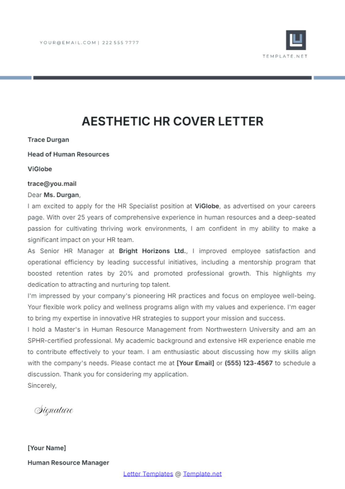 Aesthetic HR Cover Letter Template - Edit Online & Download