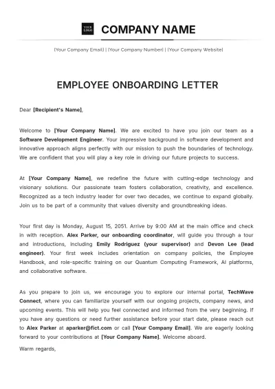 Free Employee Onboarding Letter Template to Edit Online