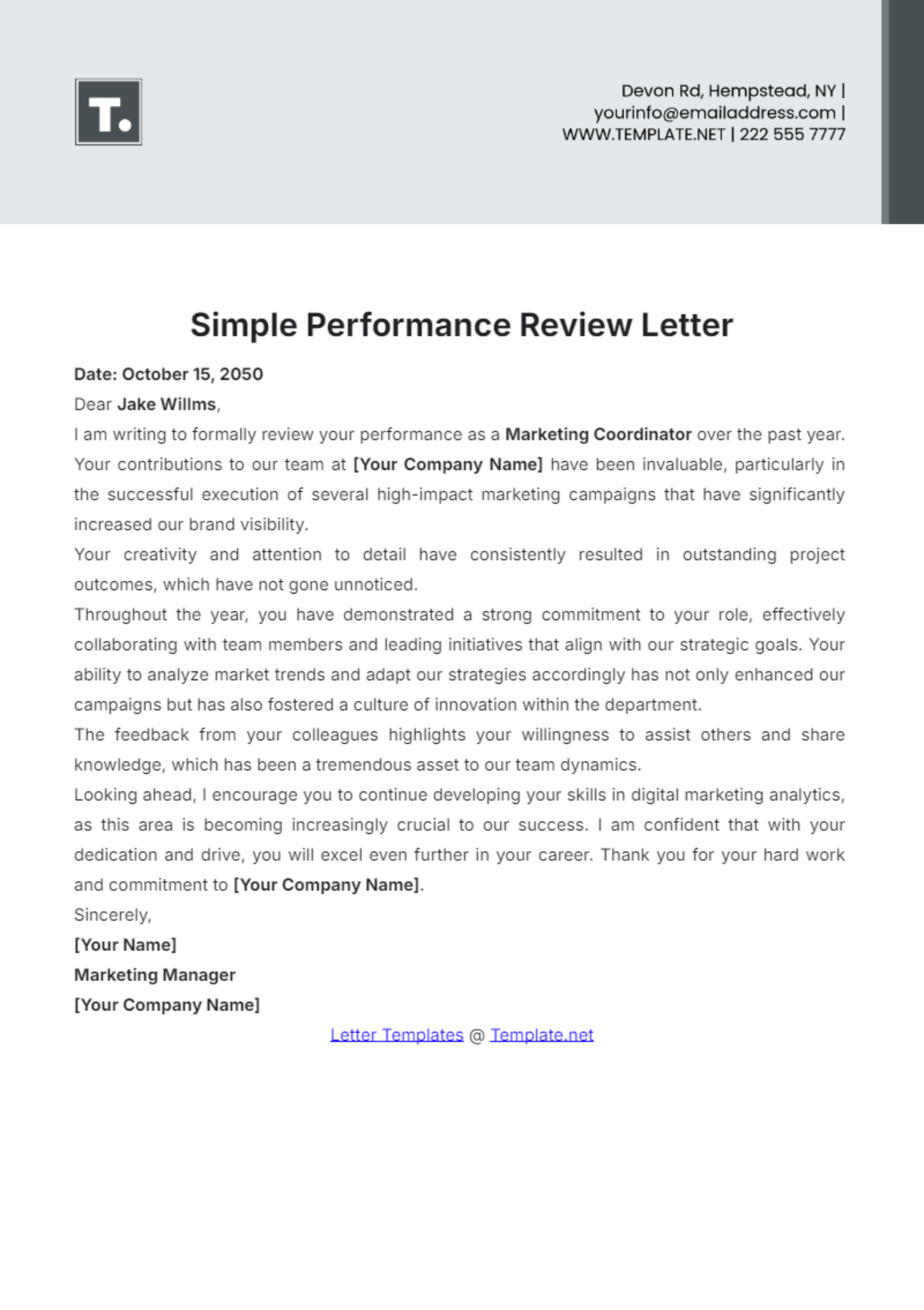 Simple Performance Review Letter Template - Edit Online & Download