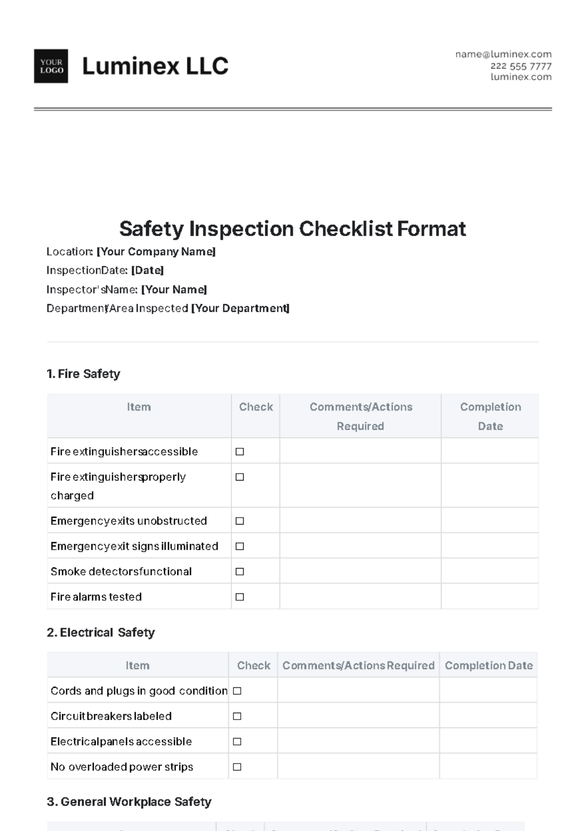 Safety Inspection Checklist Format Template - Edit Online & Download