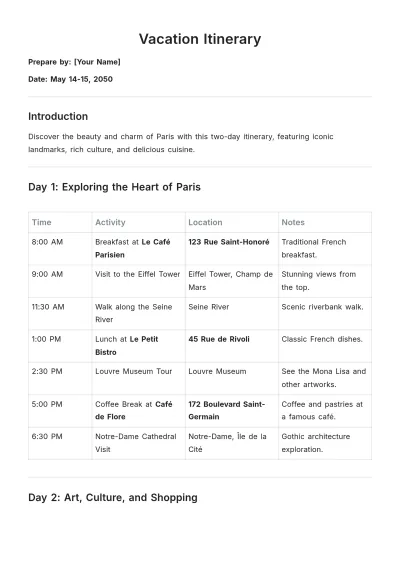 Free Vacation Itinerary Template to Edit Online
