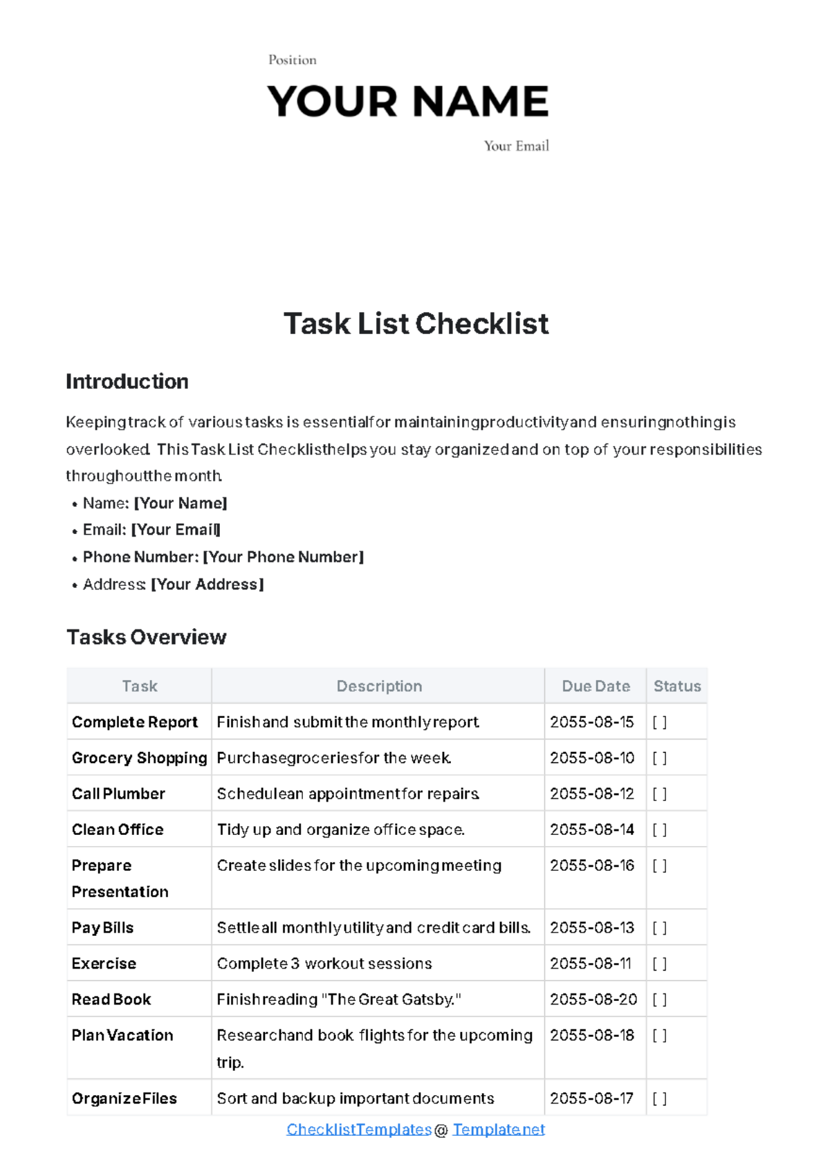 Task List Checklist Template - Edit Online & Download