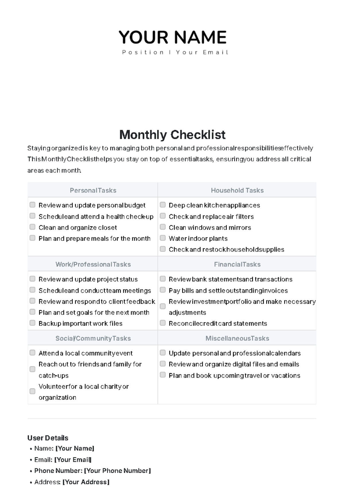 Monthly Checklist Template - Edit Online & Download