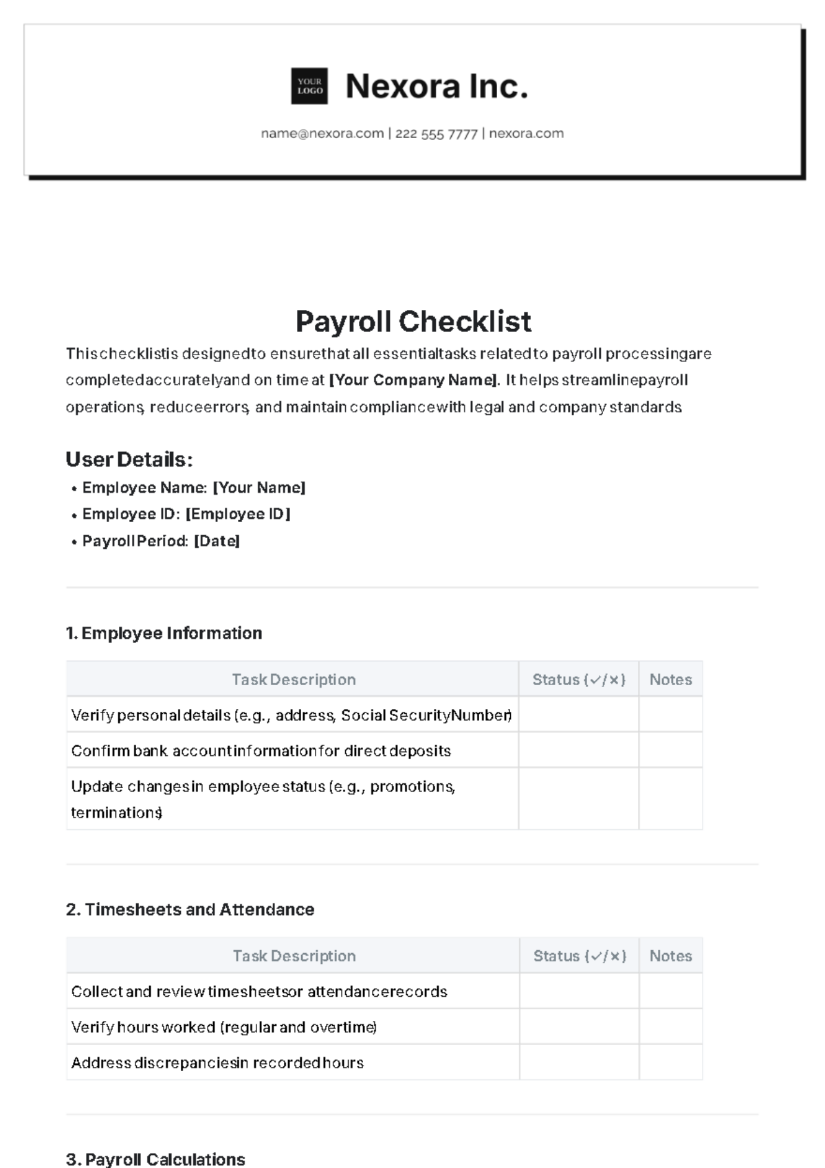 Payroll Checklist Template - Edit Online & Download