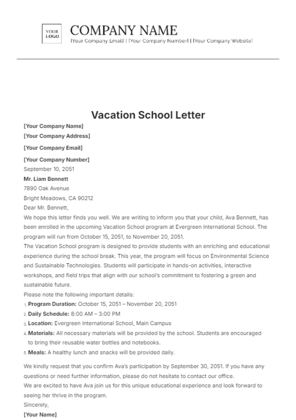 Vacation School Letter Template