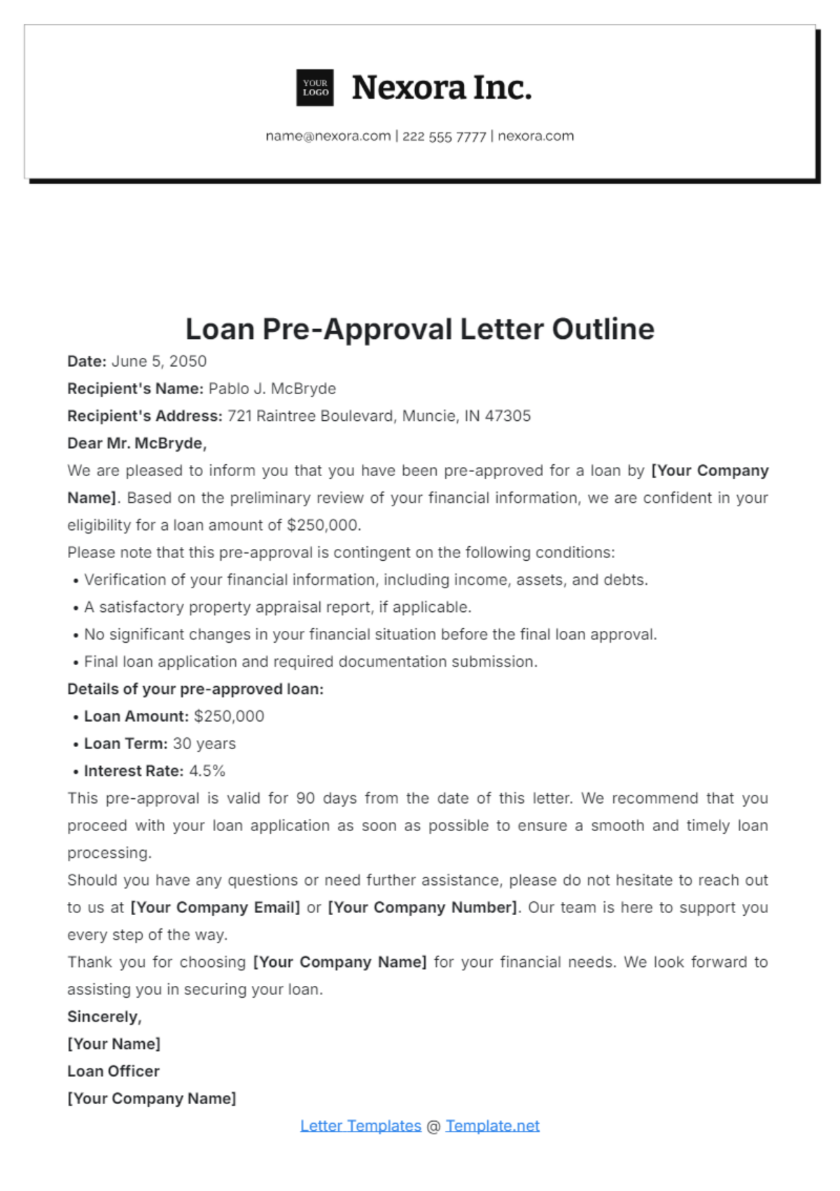 Loan Pre-Approval Letter Outline Template