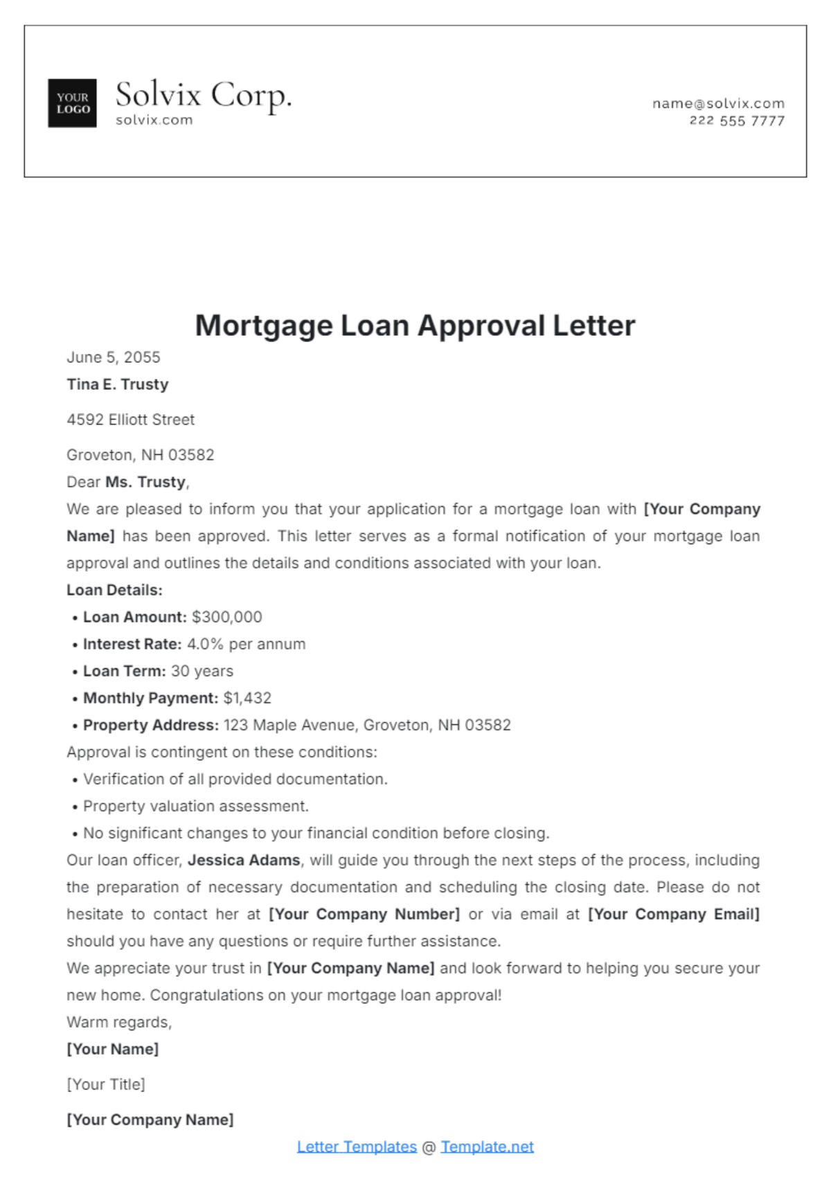 Mortgage Loan Approval Letter Template