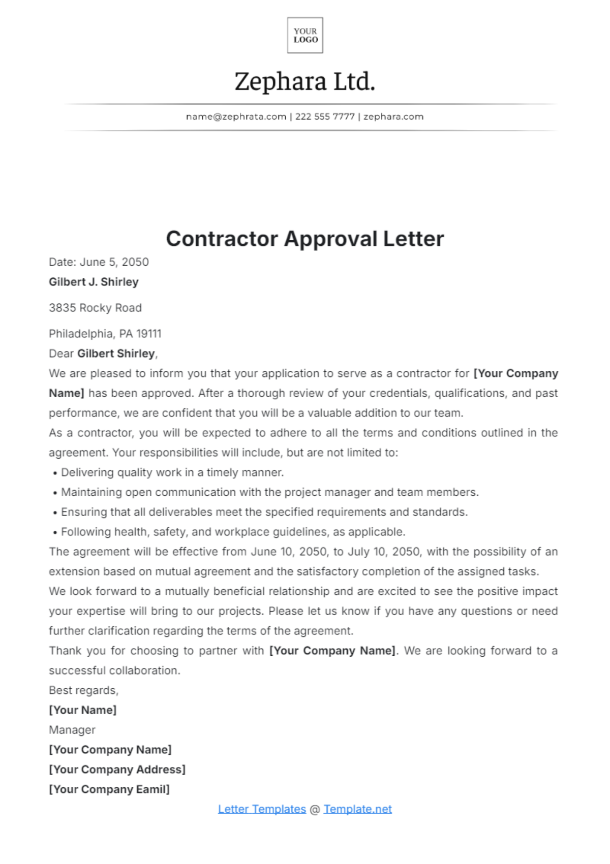 Contractor Approval Letter Template