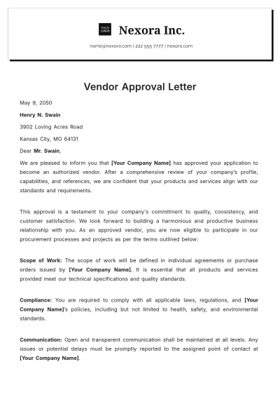 Free Vendor Approval Letter Template to Edit Online