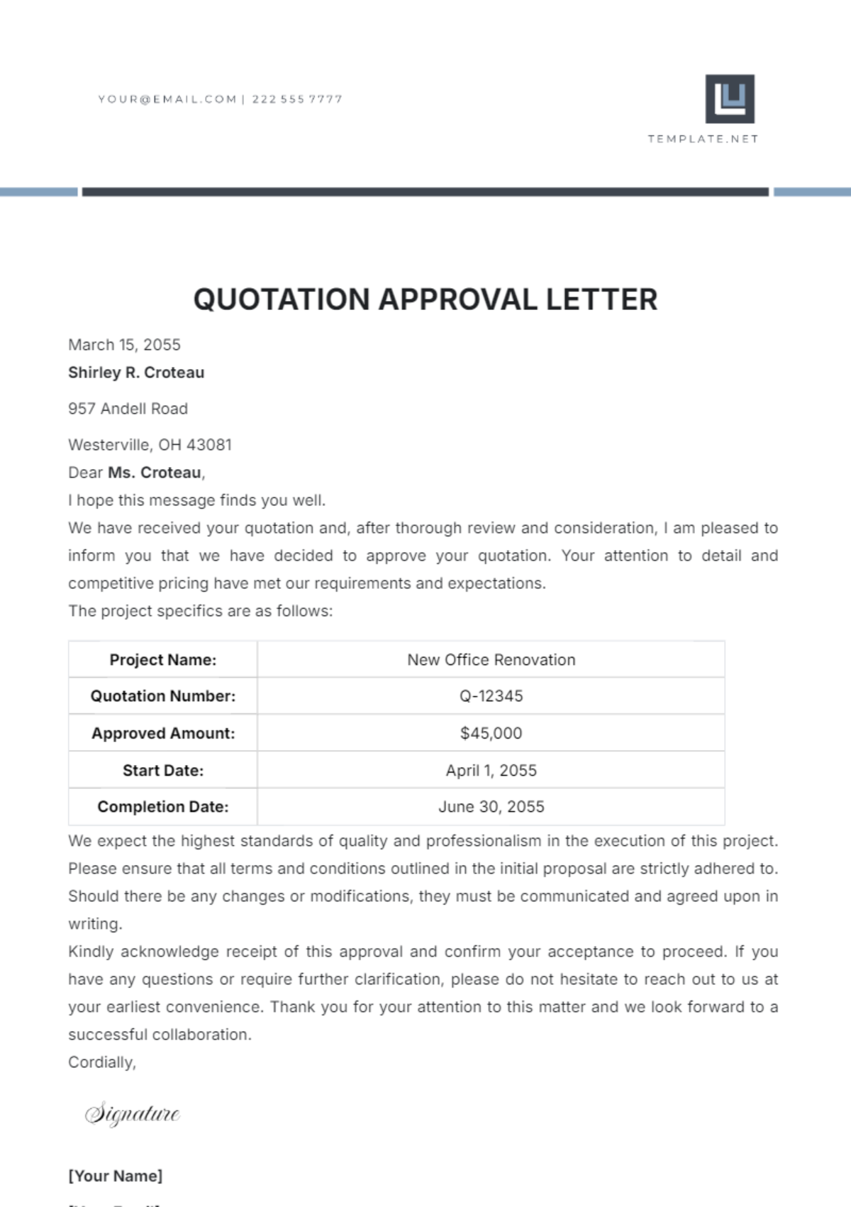 Quotation Approval Letter Template - Edit Online & Download