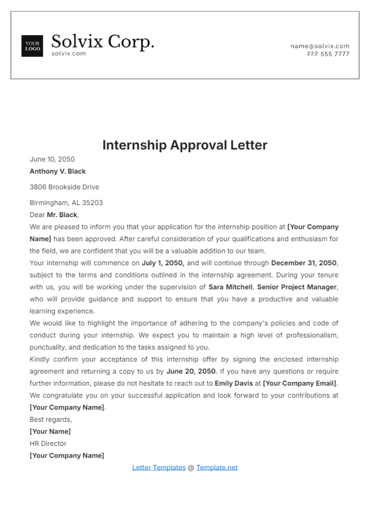 Internship Approval Letter Template