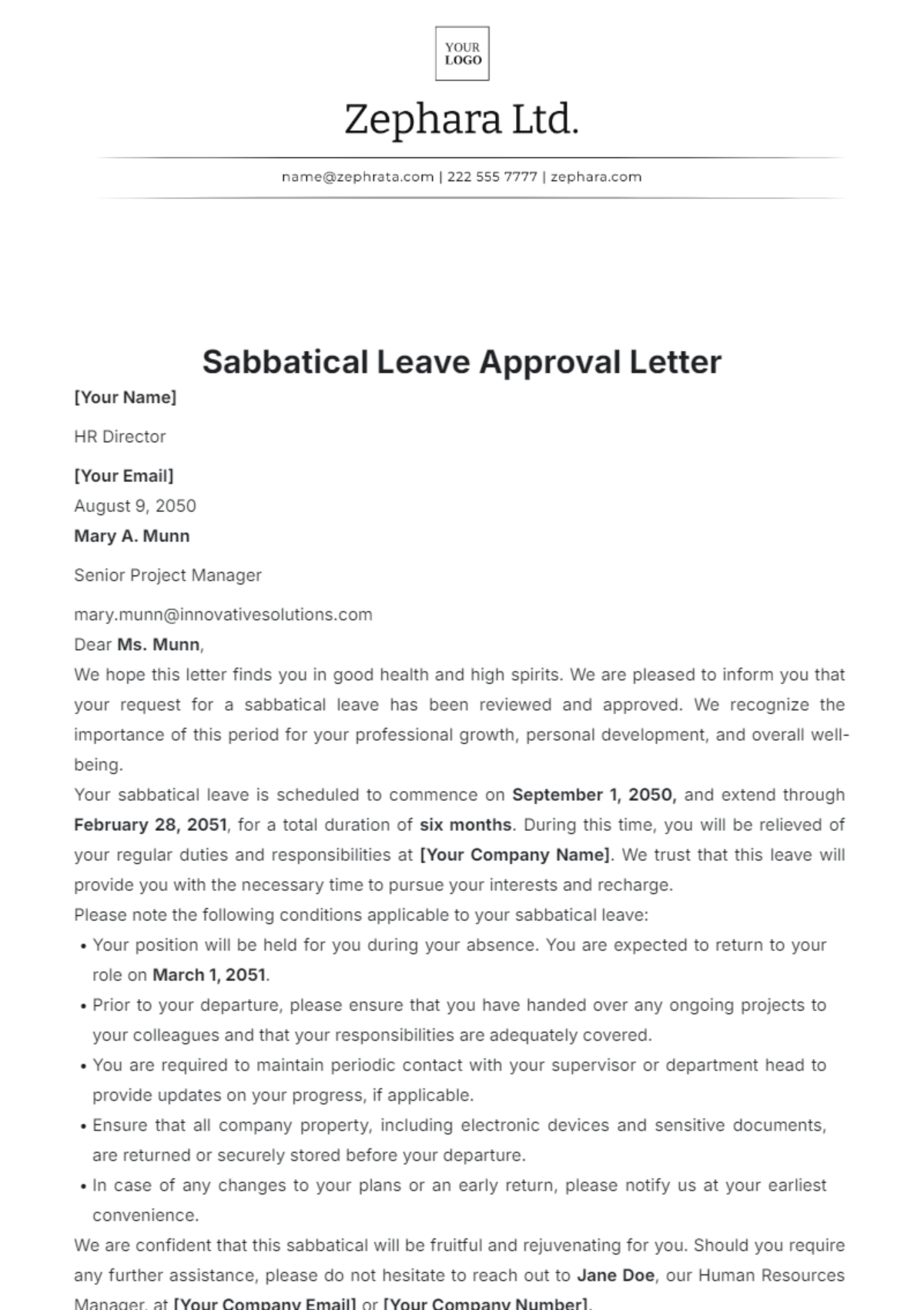 Sabbatical Leave Approval Letter Template