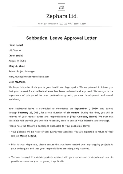 Free Sabbatical Leave Approval Letter Template to Edit Online