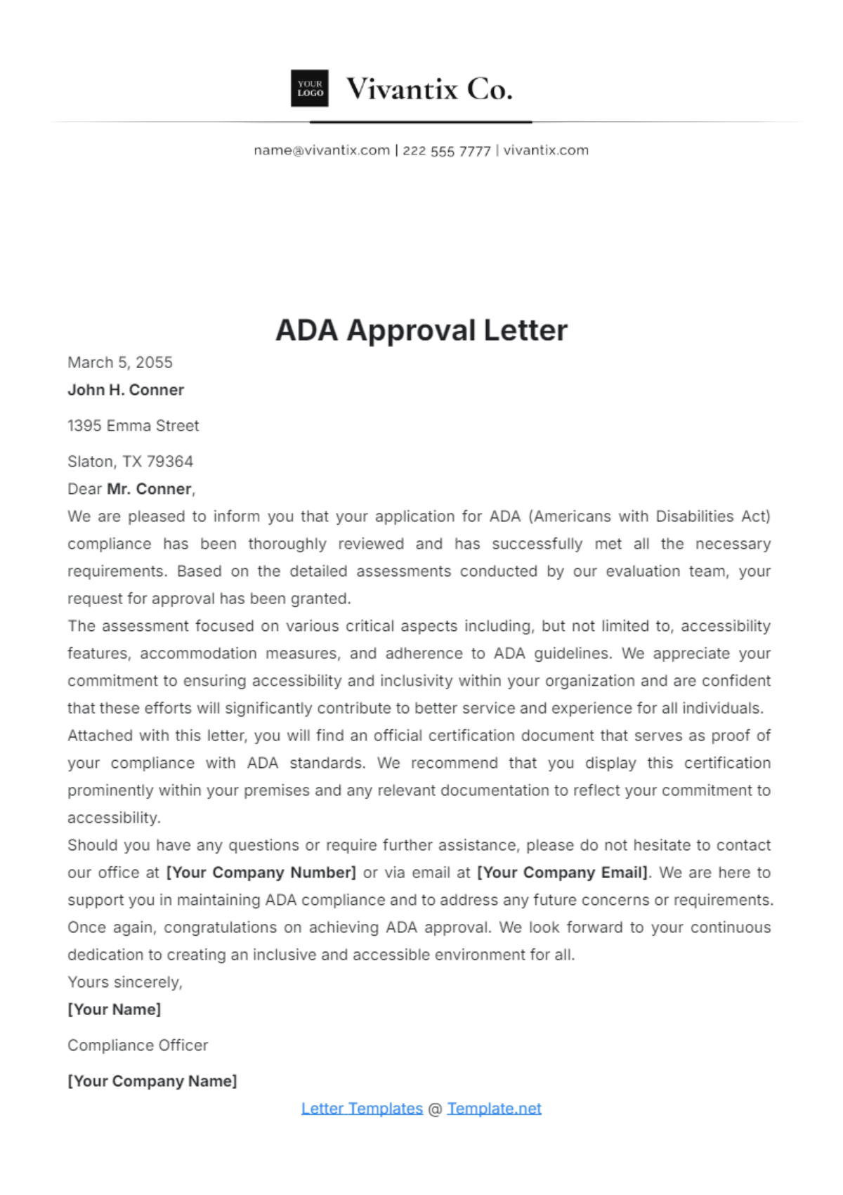 ADA Approval Letter Template