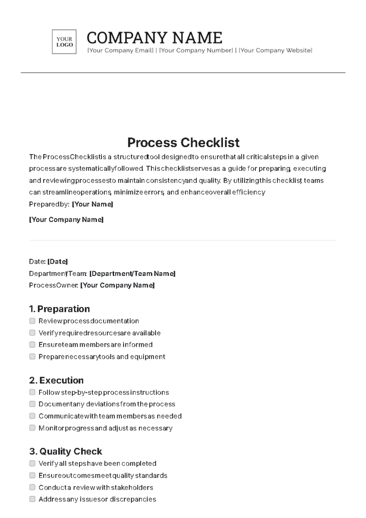 Process Checklist Template - Edit Online & Download