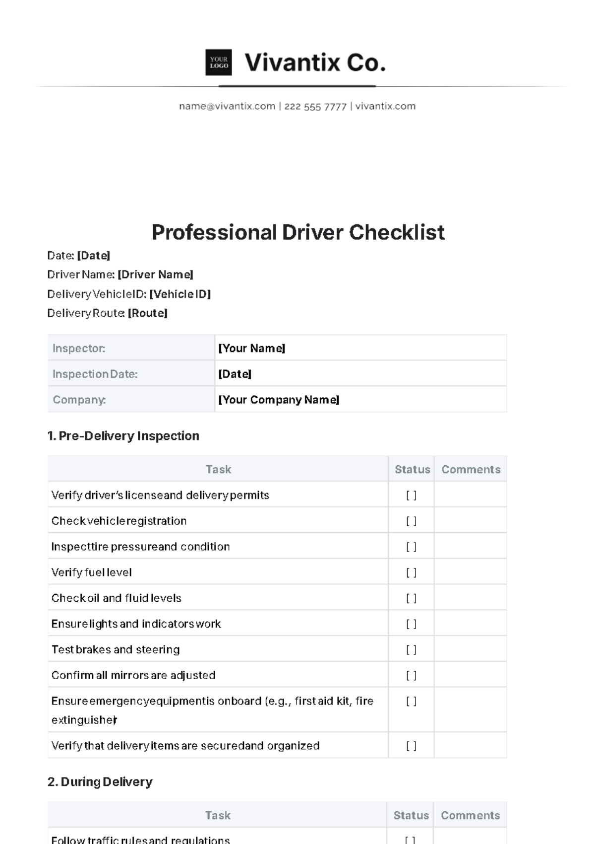 Professional Driver Checklist Template - Edit Online & Download