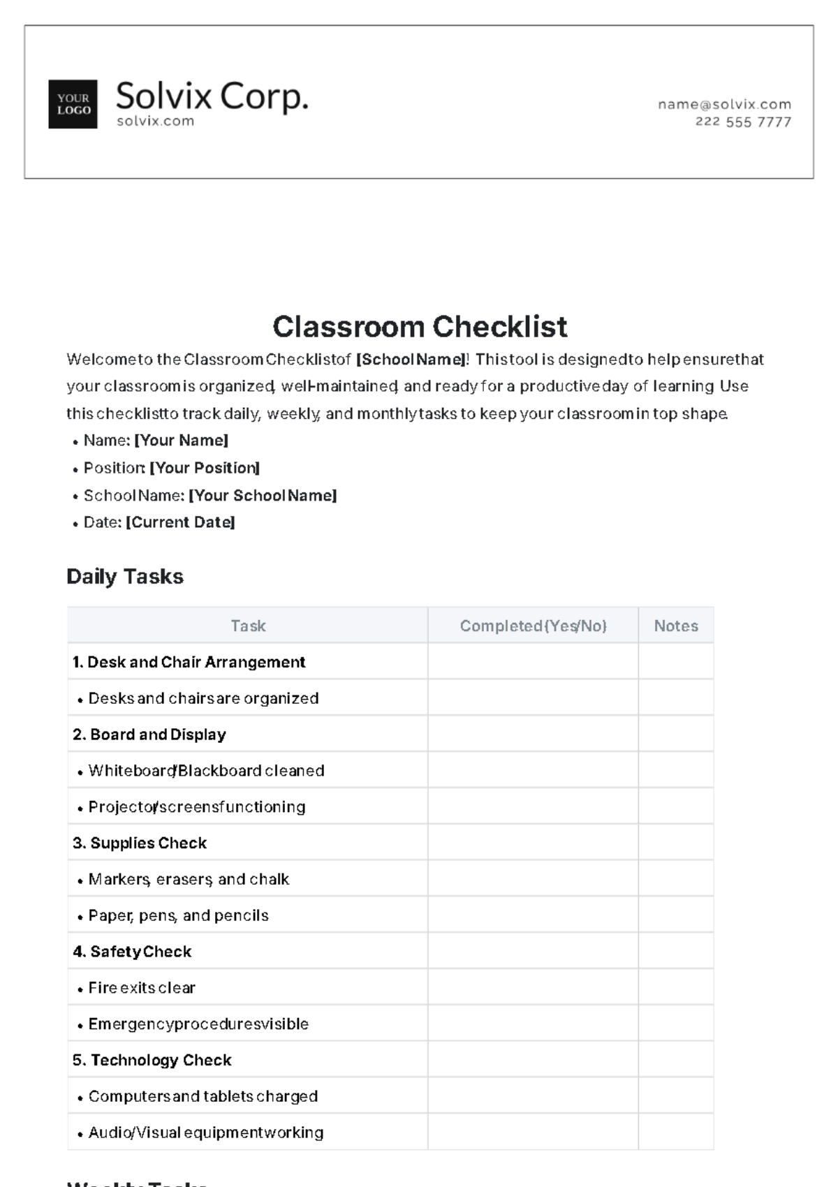 Classroom Checklist Template - Edit Online & Download