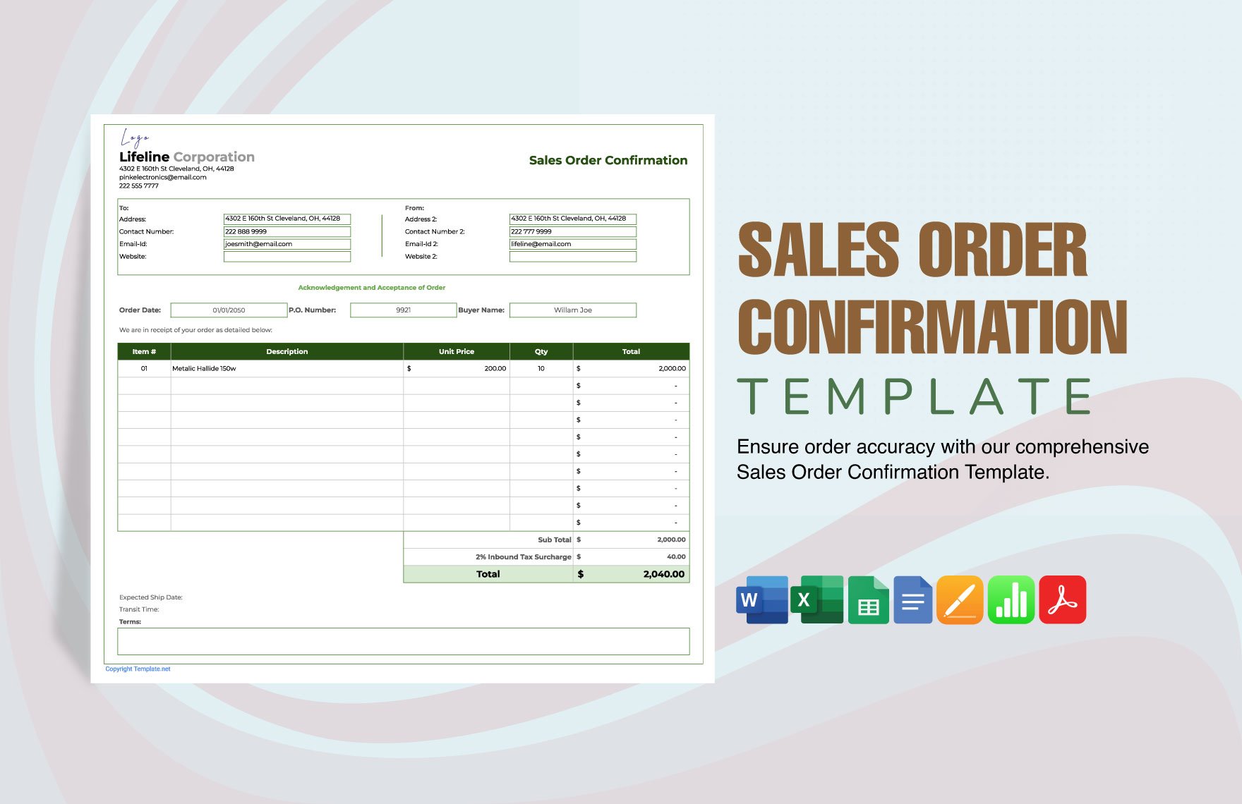 Sales Order Confirmation Template in Word, Google Docs, Excel, PDF, Google Sheets, Apple Pages, Apple Numbers