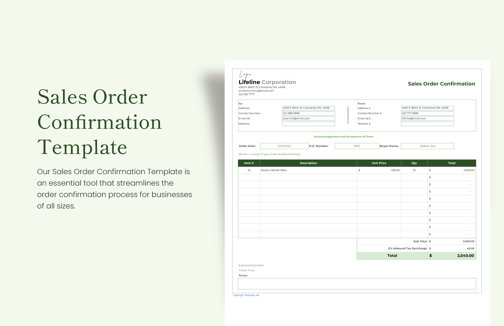 Sales Order Confirmation Template in Word, Apple Numbers, PDF, Pages, Google Docs, Excel, Google Sheets - Download | Template.net